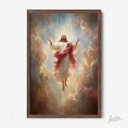 religious artwork of ascending jesus christ framed in light wood