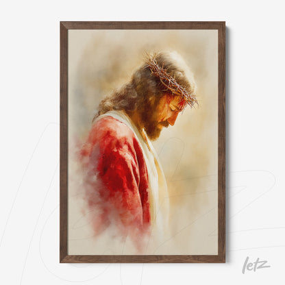 framed religious art of jesus christ with a crown of thorns in dark wood frame