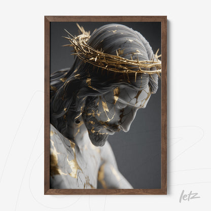 framed art of a detailed sculpture of Christ with marble texture and gold leaf in a dark wood frame