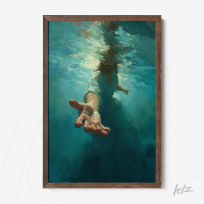 figurative wall art of a person emerging from underwater in a brown wood frame