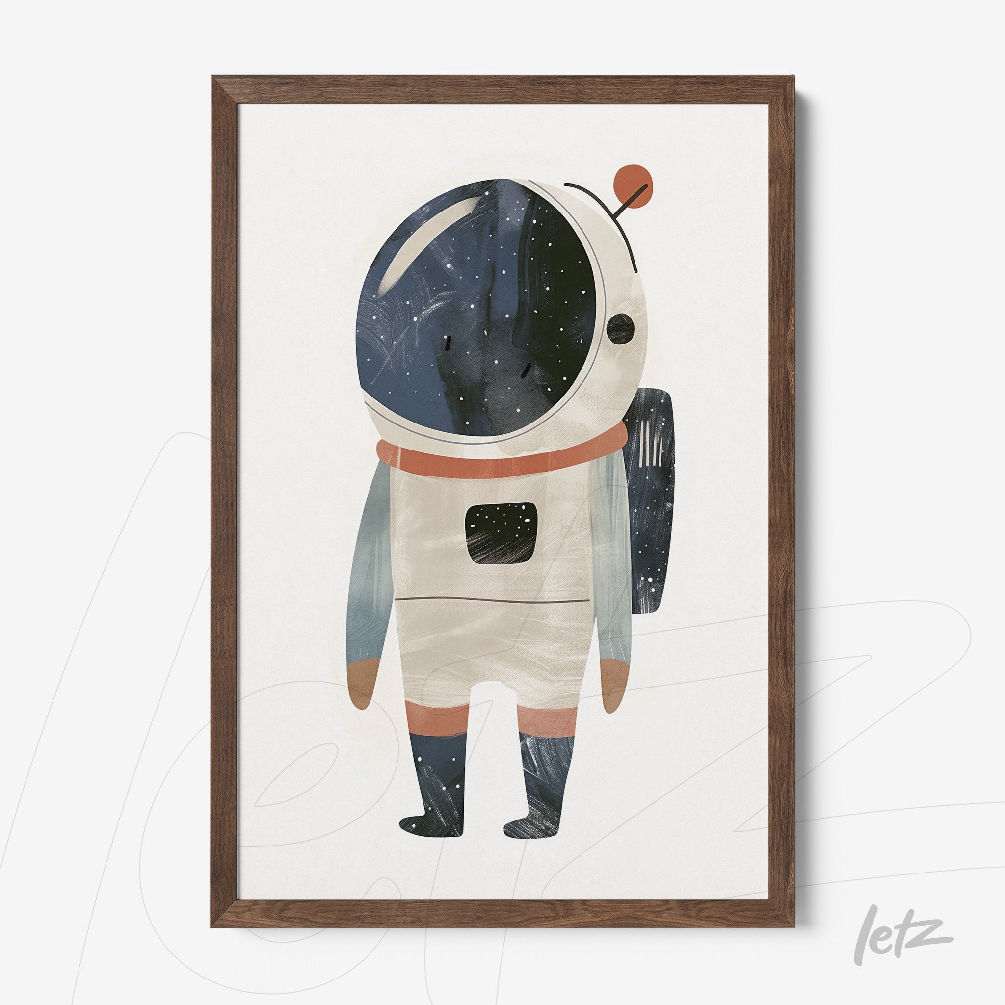 framed artwork of a colorful astronaut illustration in dark wood frame