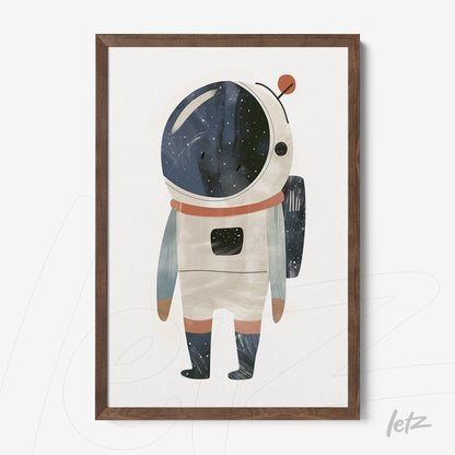framed artwork of a colorful astronaut illustration in dark wood frame