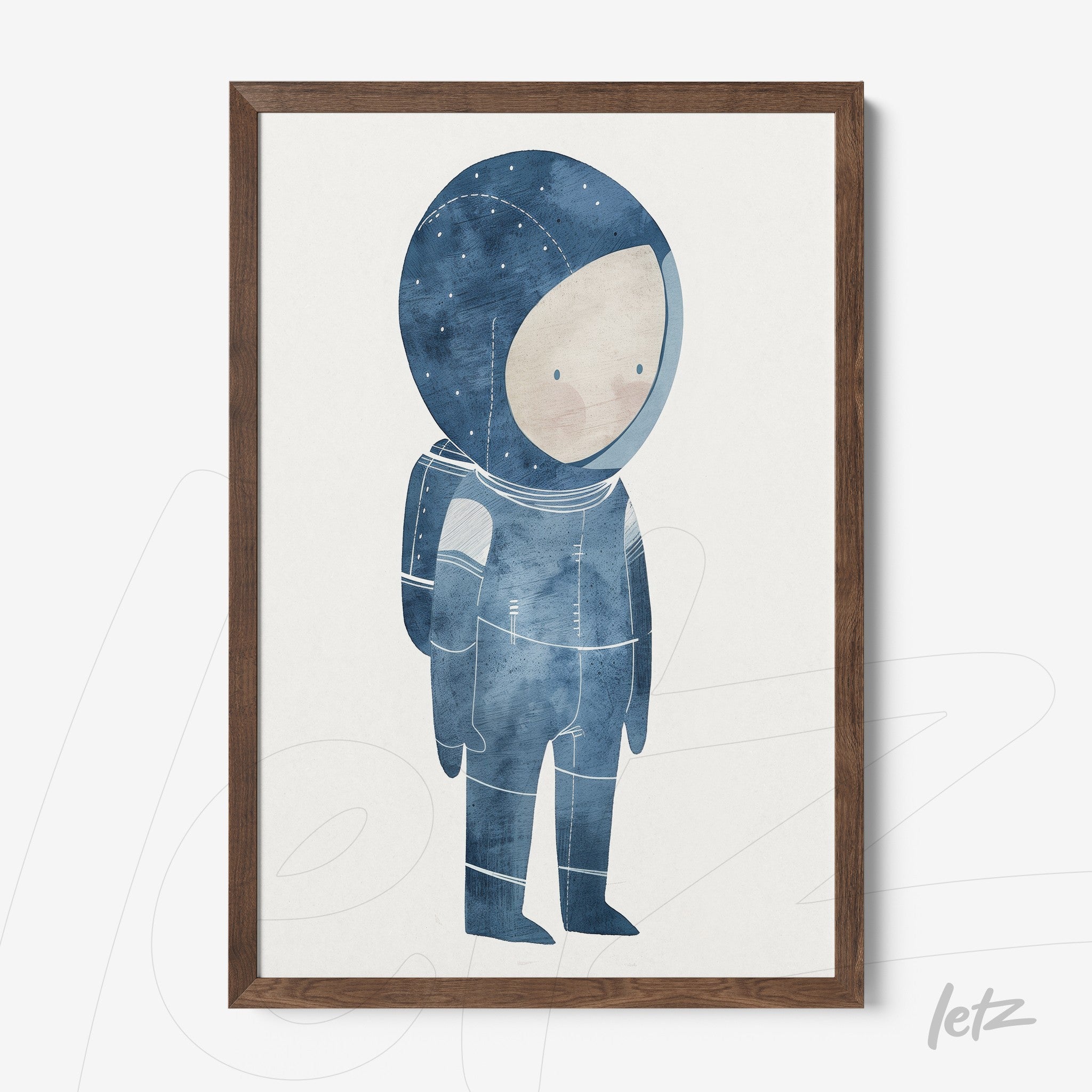 framed artwork featuring a blue-toned astronaut illustration with a dark wood frame