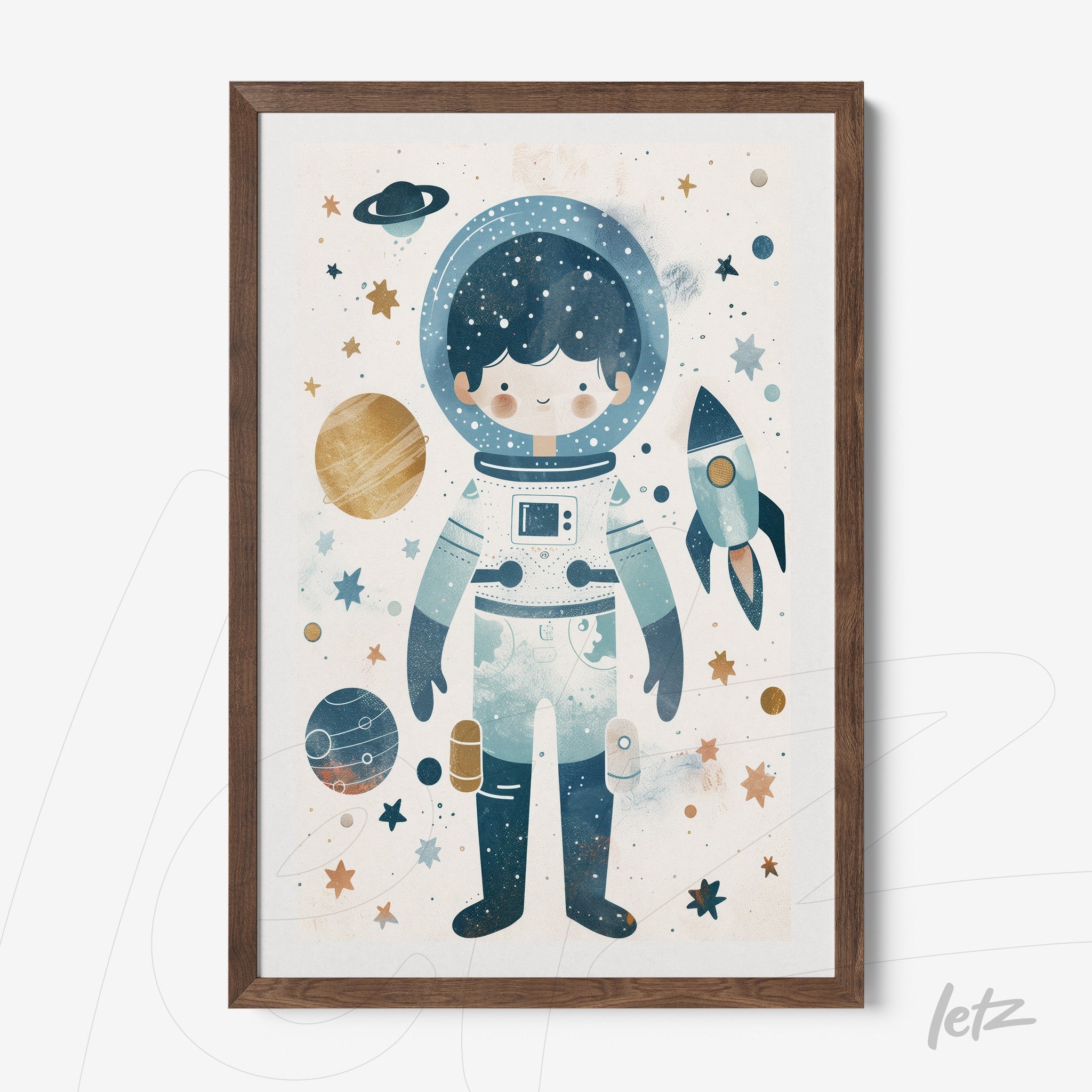 framed art featuring a cute astronaut illustration in shades of blue with a starry background and dark wooden frame