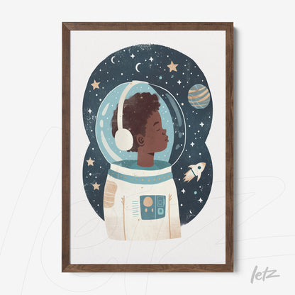framed wall art featuring a digital illustration of a young astronaut with a space helmet and a starry background