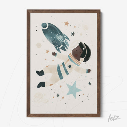 framed children's art of a black astronaut floating in space surrounded by stars and a rocket with dark wooden frame