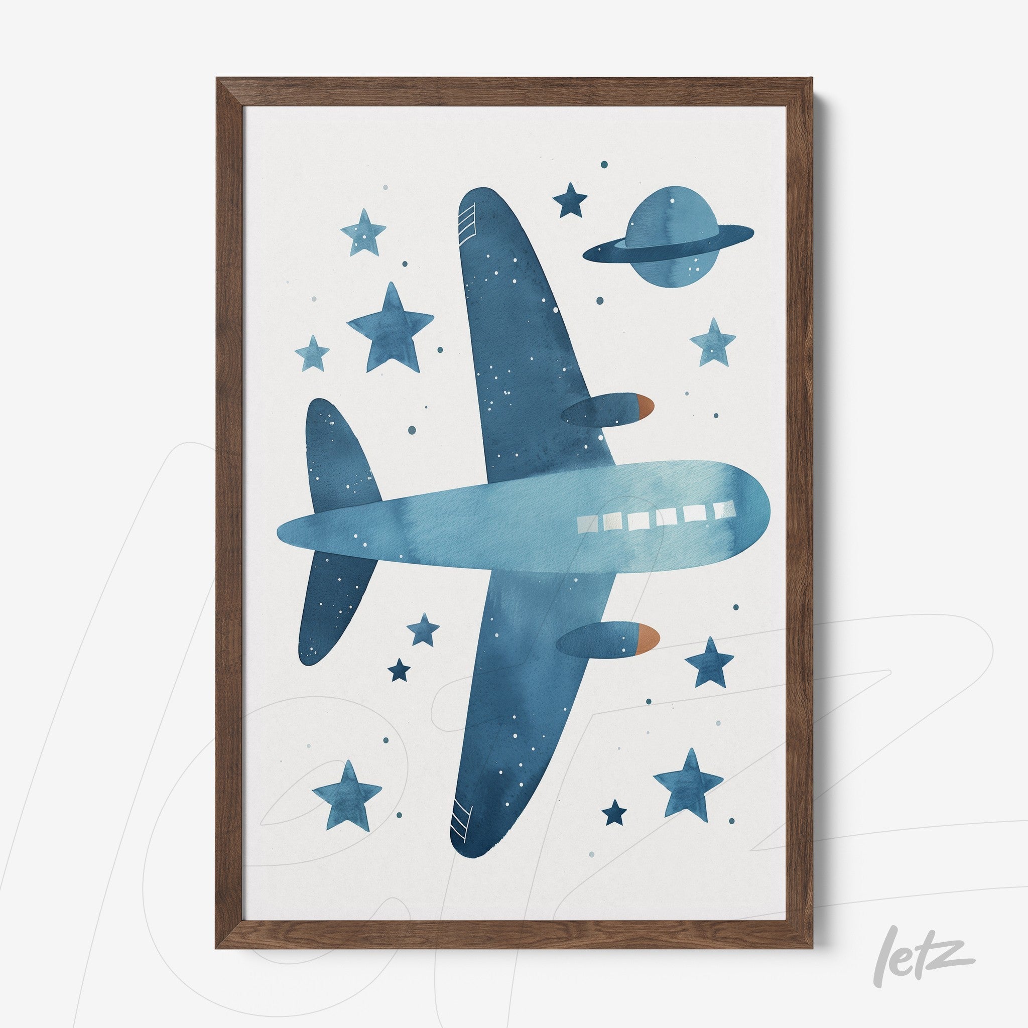 watercolor art print of a blue airplane flying over white background with stars and a planet, in a brown frame