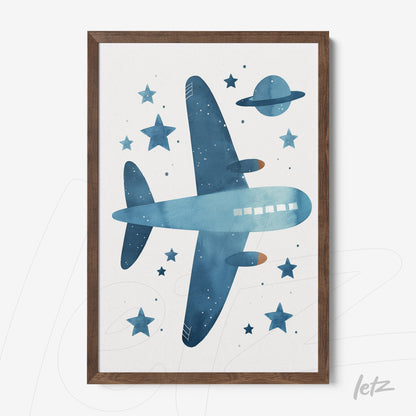 watercolor art print of a blue airplane flying over white background with stars and a planet, in a brown frame