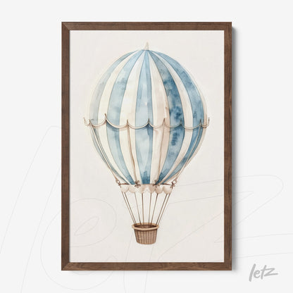 framed watercolor illustration of hot air balloon with dark wood frame