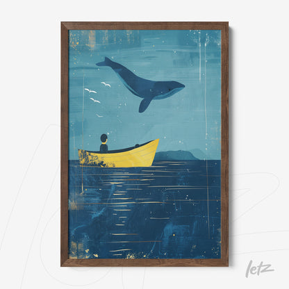 framed wall art depicting a nautical scene with a yellow boat and a whale breaching in the background with a dark wood frame