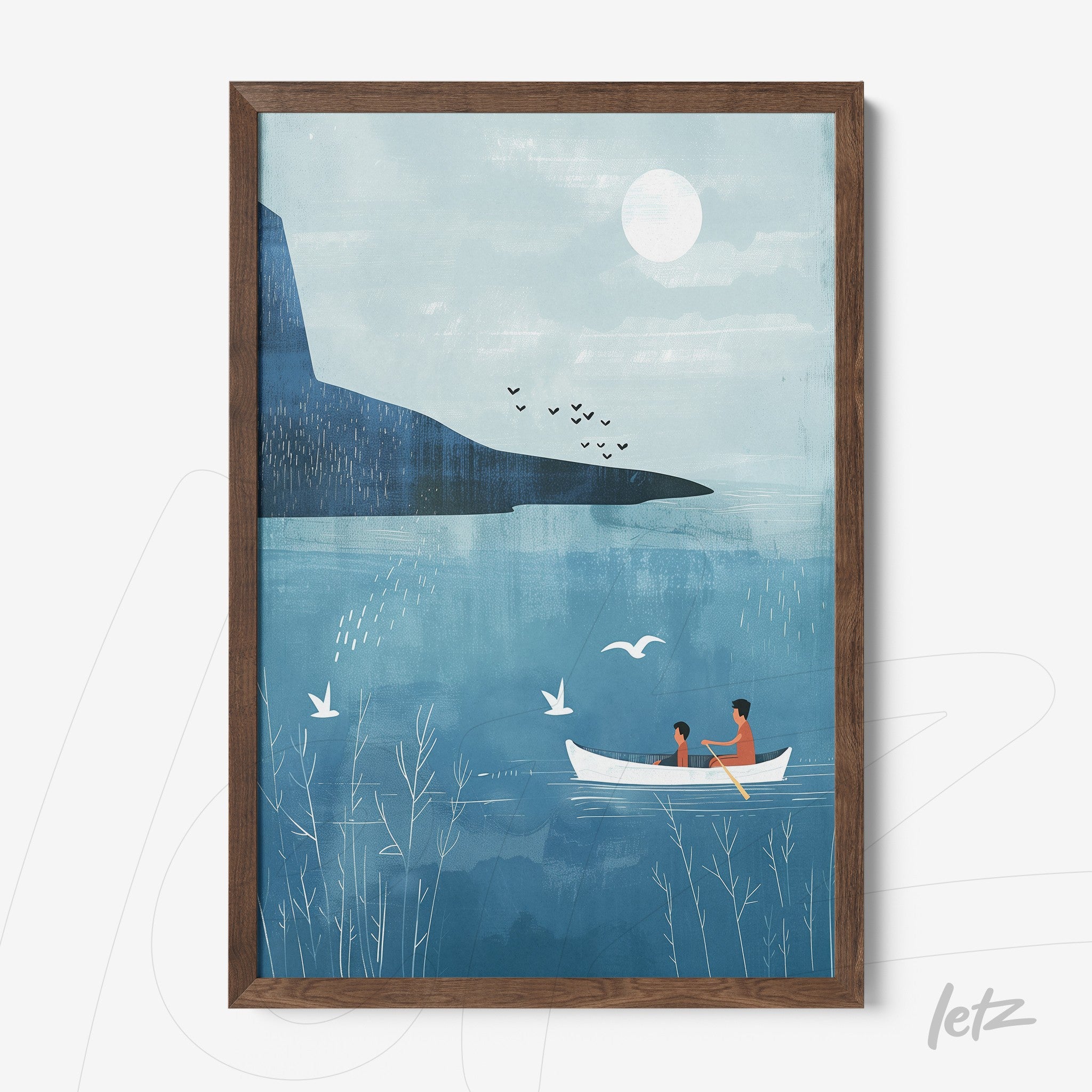 framed art depicting a couple in a rowboat on a blue lake with mountains in the background and birds flying in the sky