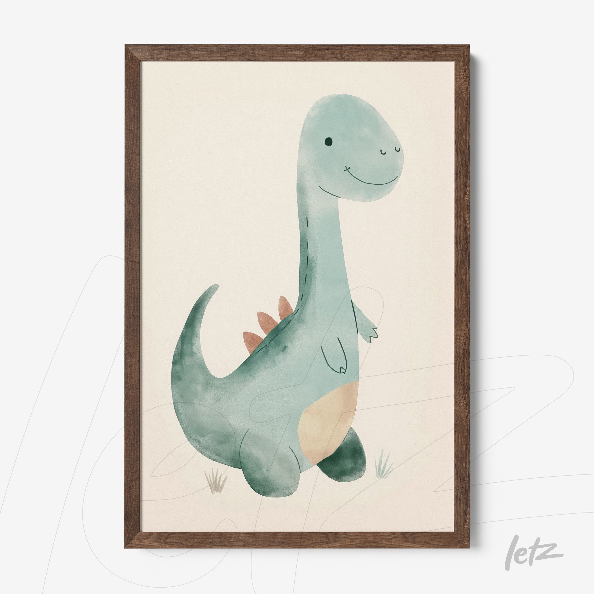 framed wall art of a light blue watercolor dinosaur with a friendly expression