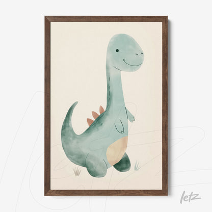 framed wall art of a light blue watercolor dinosaur with a friendly expression