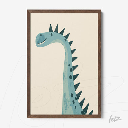 framed art print of a blue dinosaur illustration with dark wooden frame