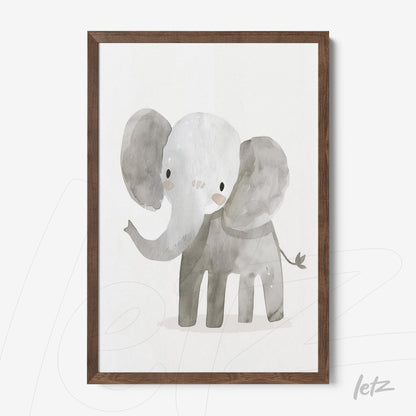 framed watercolor illustration of an elephant in dark wood frame