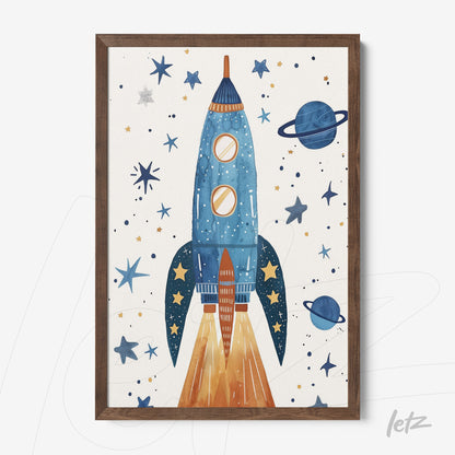 framed artwork featuring a blue rocket surrounded by stars and planets, with a dark brown frame