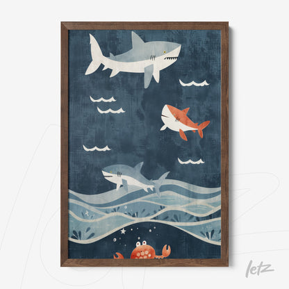 framed wall art featuring playful illustration of sharks and a crab on dark blue background with wooden frame