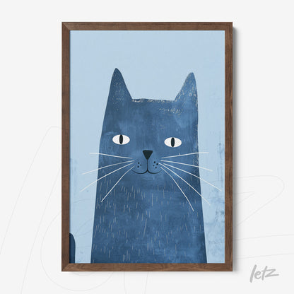 framed artwork of a blue cat against a light blue background with a dark wood frame