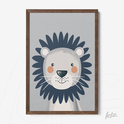 framed art featuring a stylized illustration of a lion with a dark wood frame