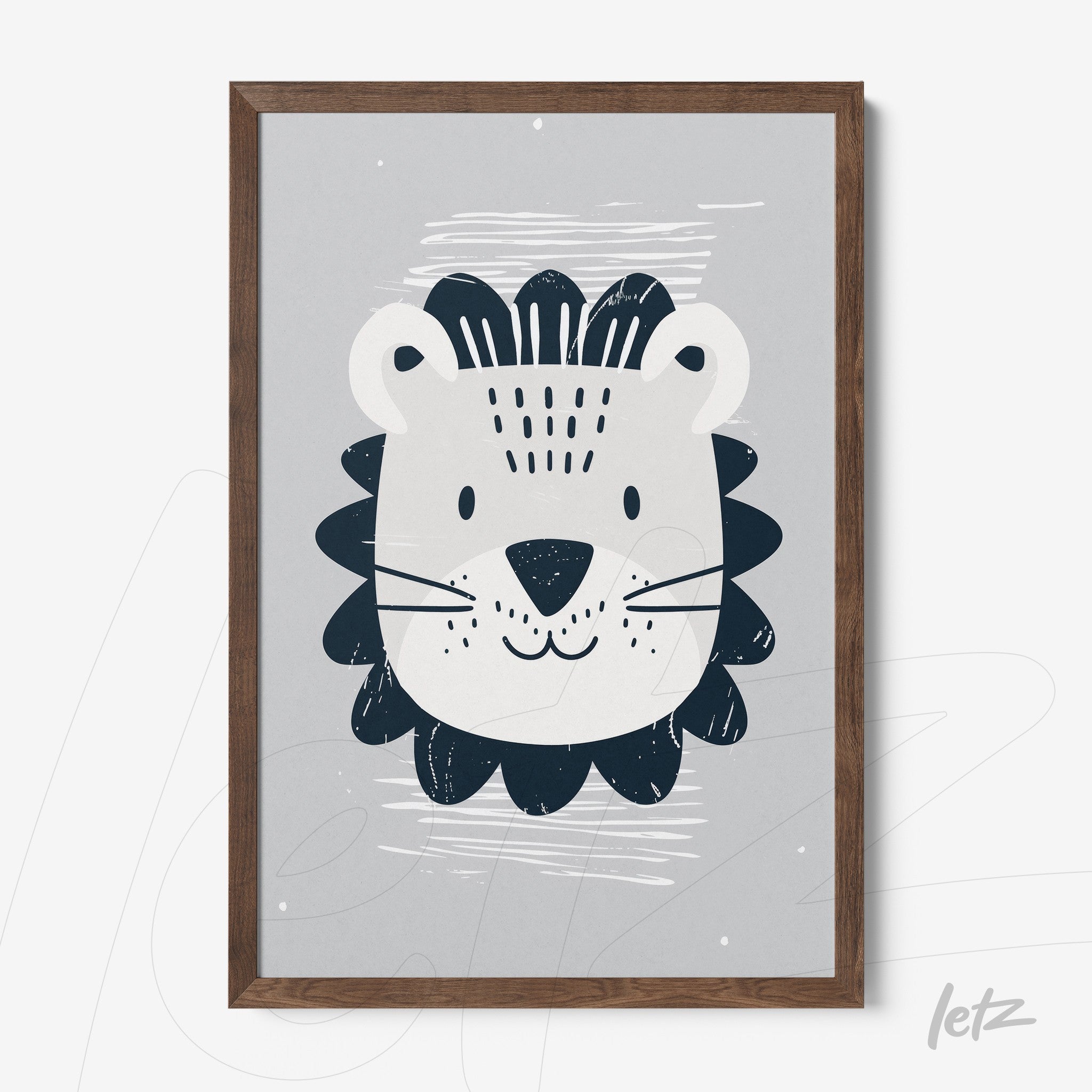 framed wall art featuring a stylized lion illustration on a gray background with dark wood frame