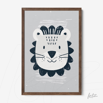 framed wall art featuring a stylized lion illustration on a gray background with dark wood frame