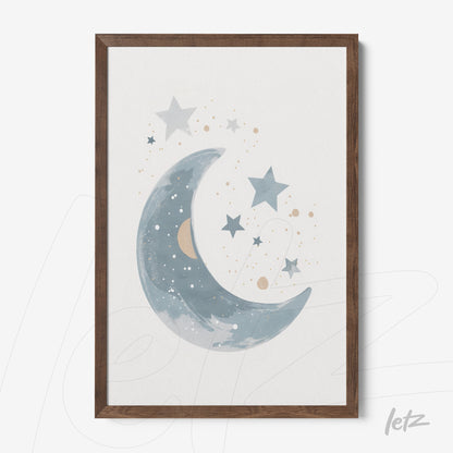 framed artwork featuring a blue moon illustration with stars in a dark wood frame