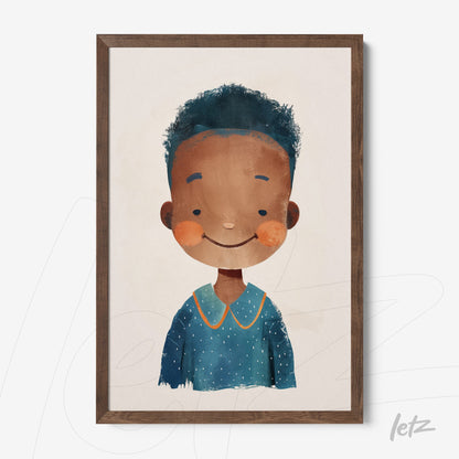 framed artwork featuring a cheerful boy with curly hair wearing a blue shirt, set in a dark wood frame