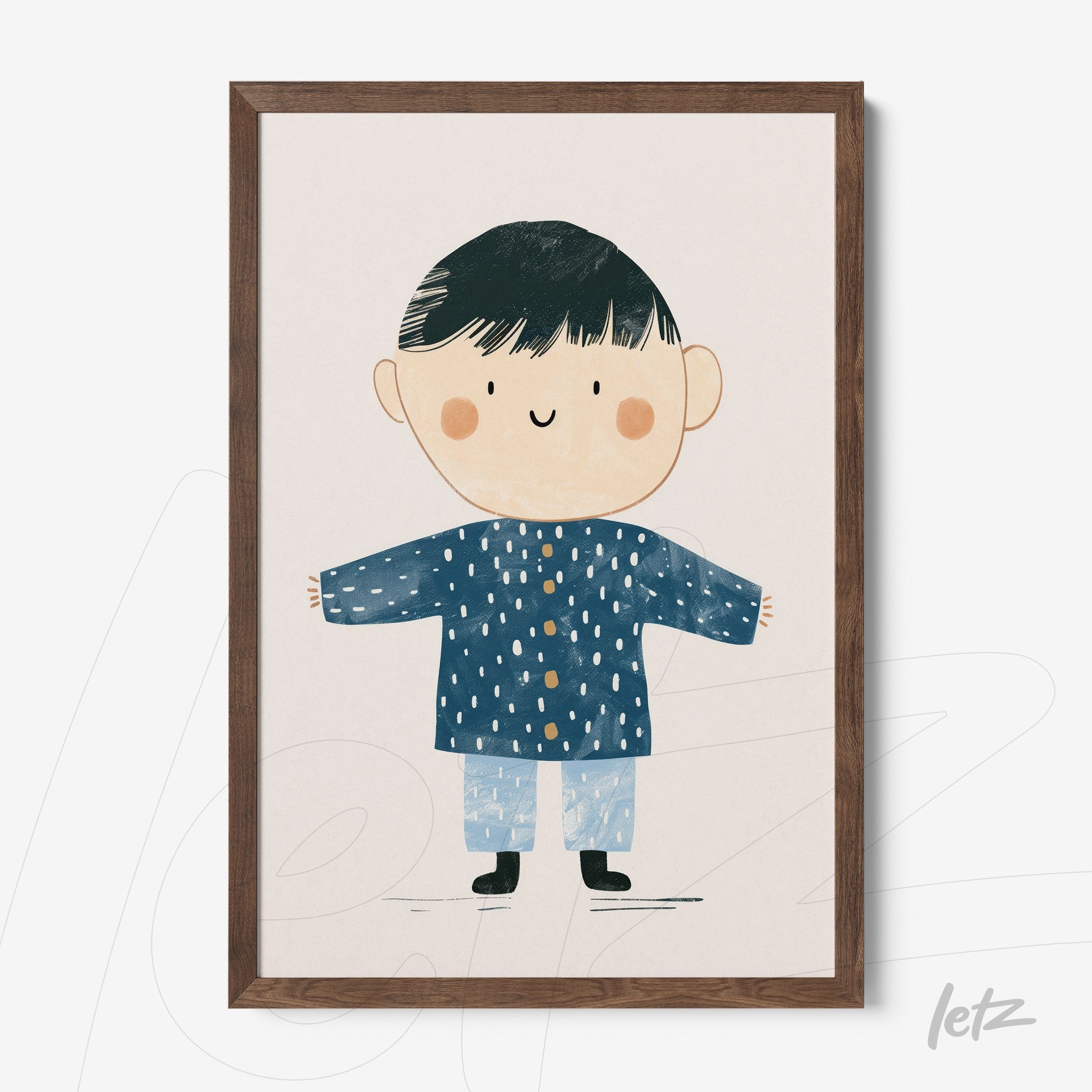framed wall art featuring a cute child illustration wearing a blue coat and hat with a dark wood frame