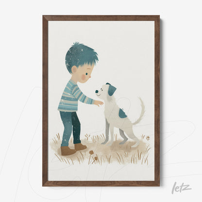 framed children's art of a boy petting a dog in a natural setting with dark wood frame