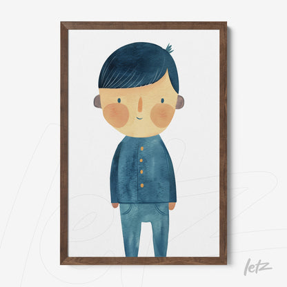framed artwork featuring a smiling boy illustration in blue clothing with dark wood frame