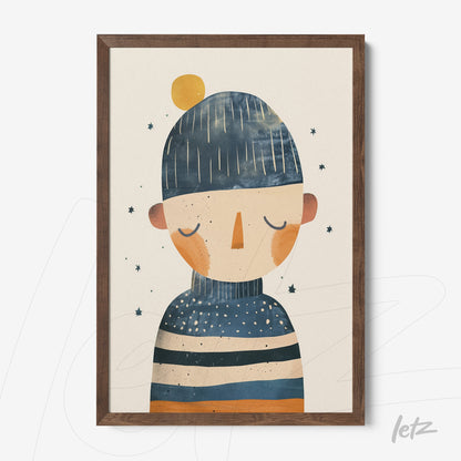 framed artwork featuring a character illustration in blue and orange tones wearing a beanie and striped sweater