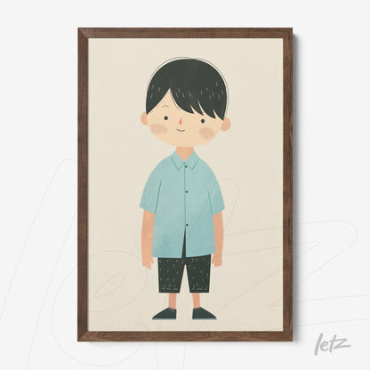 framed wall art featuring a child character with blue shirt and black pants on light background