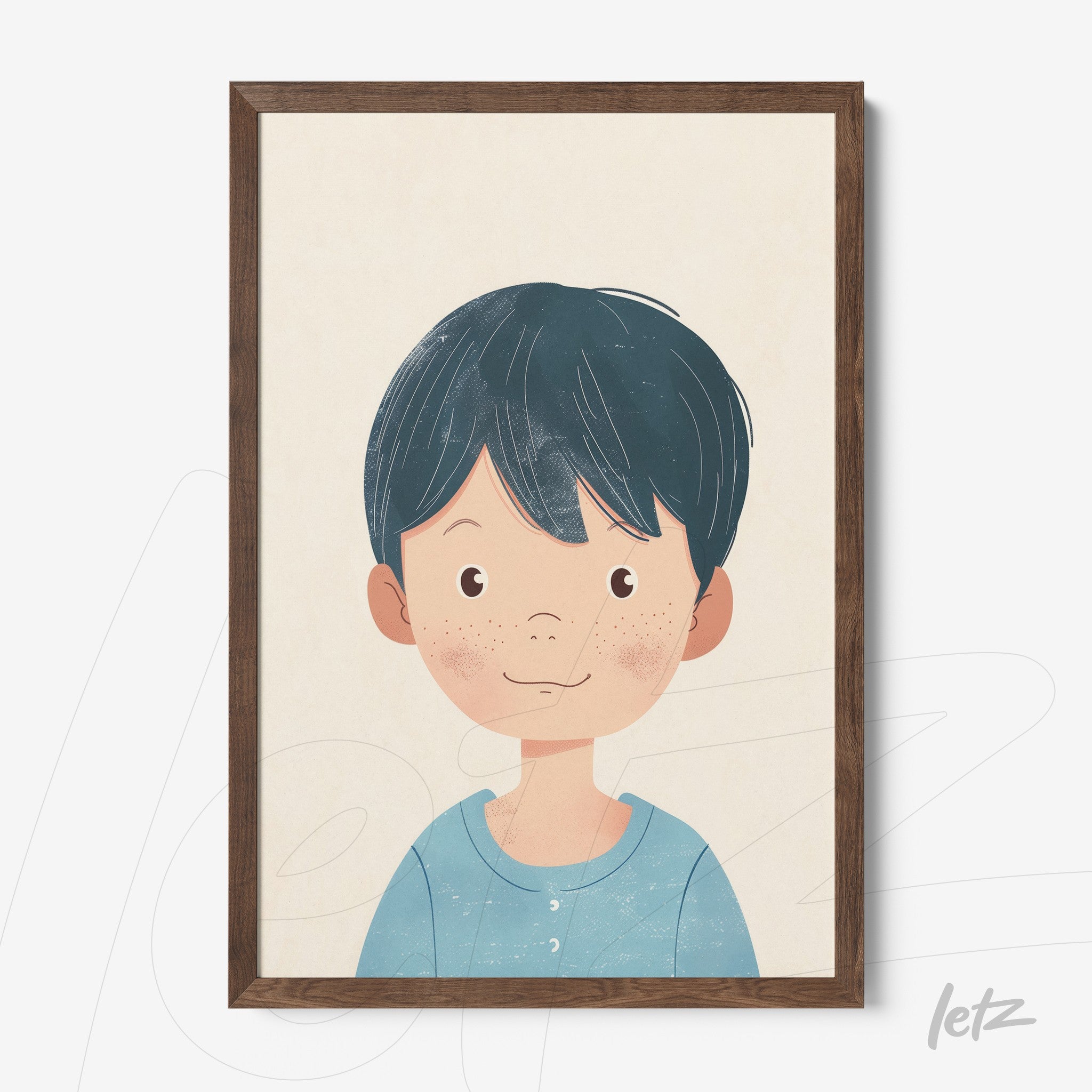 framed wall art featuring a smiling boy with short brown hair and freckles in a dark wood frame