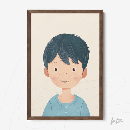 framed wall art featuring a smiling boy with short brown hair and freckles in a dark wood frame