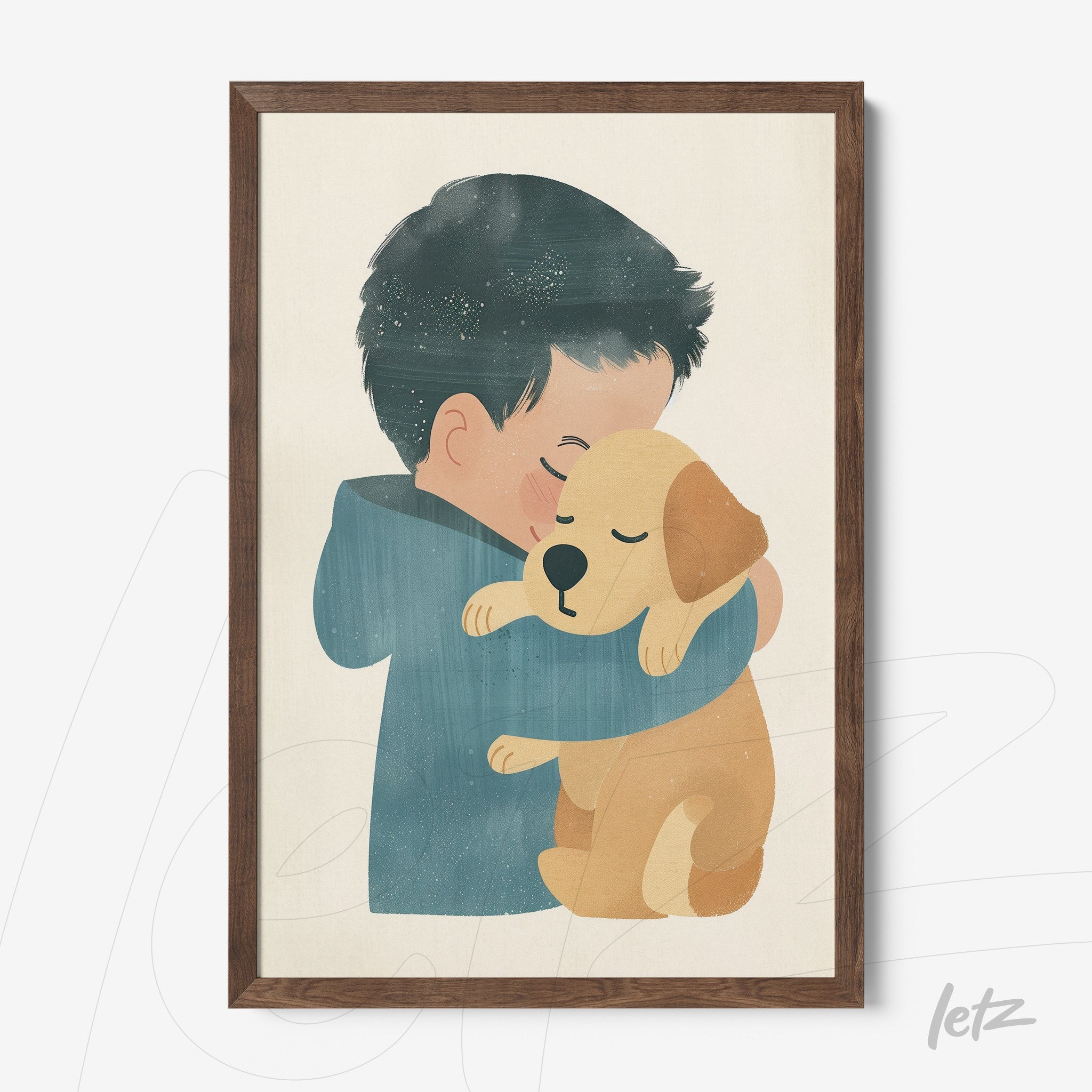framed artwork featuring a boy hugging a golden dog against a light background