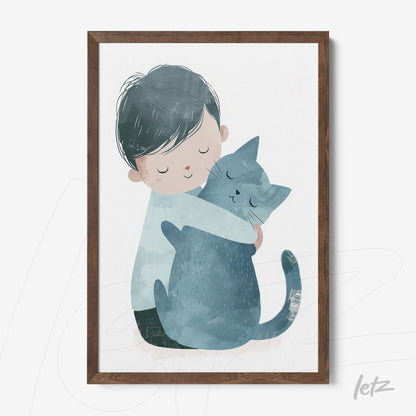 framed art featuring a child hugging a blue cat in a dark wood frame