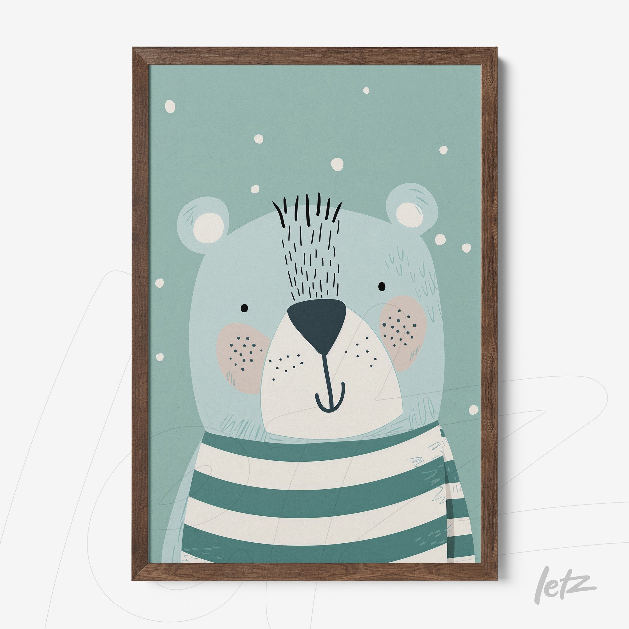 framed wall art featuring a cute bear illustration in light blue background with dark wood frame