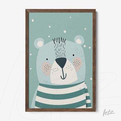 framed wall art featuring a cute bear illustration in light blue background with dark wood frame