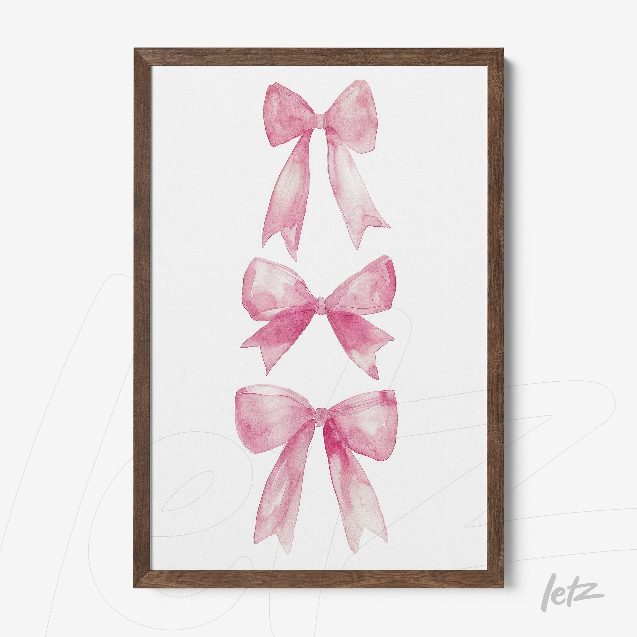 framed wall art featuring watercolor illustration of three pink bows with dark wood frame