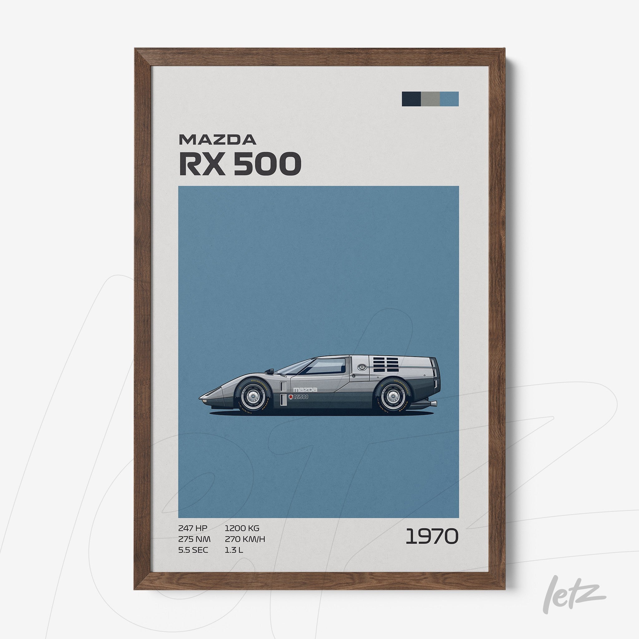 framed artwork featuring the Mazda RX 500 car illustration in dark wood frame