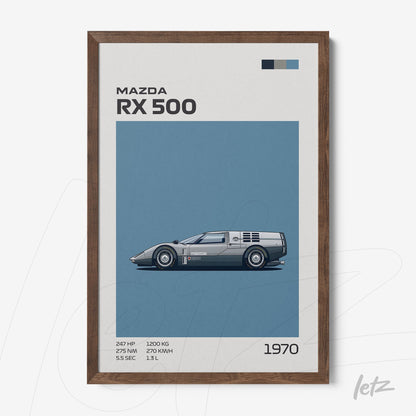 framed artwork featuring the Mazda RX 500 car illustration in dark wood frame