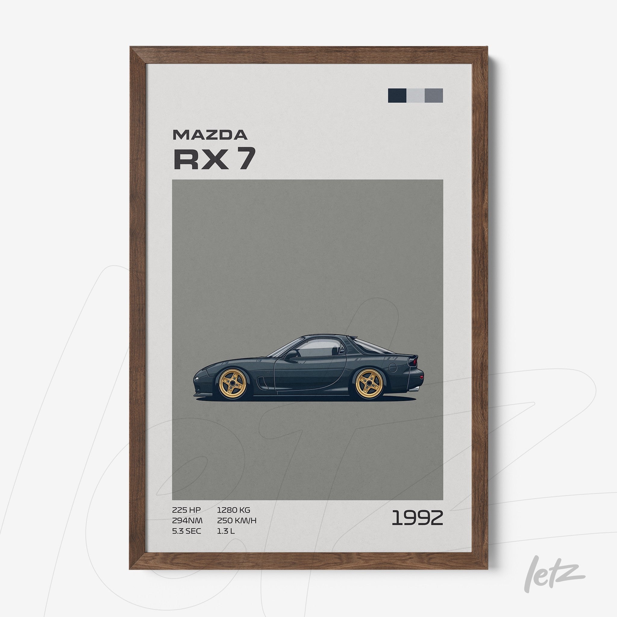 framed digital art of 1992 Mazda RX-7 in dark wood frame