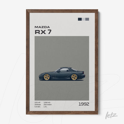 framed digital art of 1992 Mazda RX-7 in dark wood frame