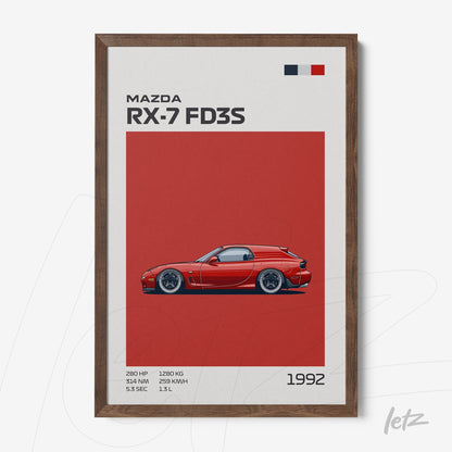 framed digital art of a mazda rx-7 fd3s on red background with dark wooden frame