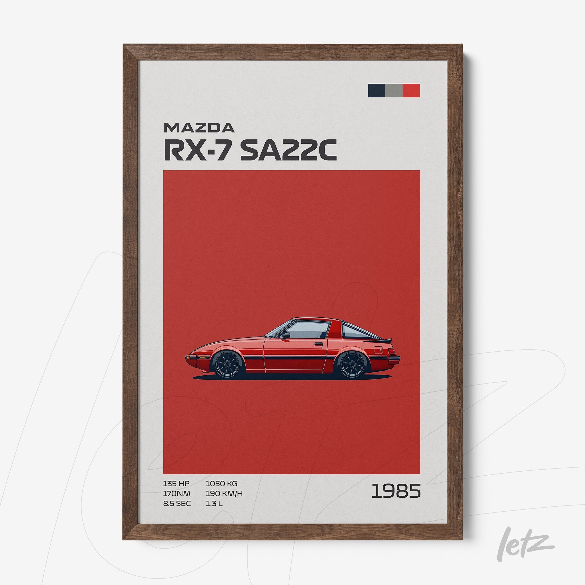 framed wall art featuring the Mazda RX-7 SA22C illustration on a red background with dark wood frame