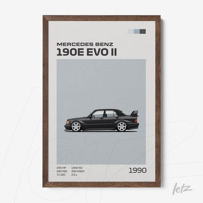 framed graphic art of the Mercedes Benz 190E EVO II with a gray background and dark wood frame