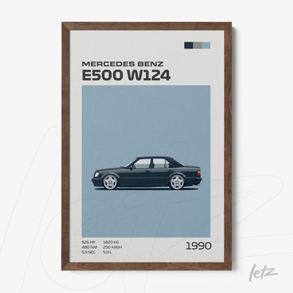 framed minimalist artwork of Mercedes Benz E500 W124 car in dark wood frame