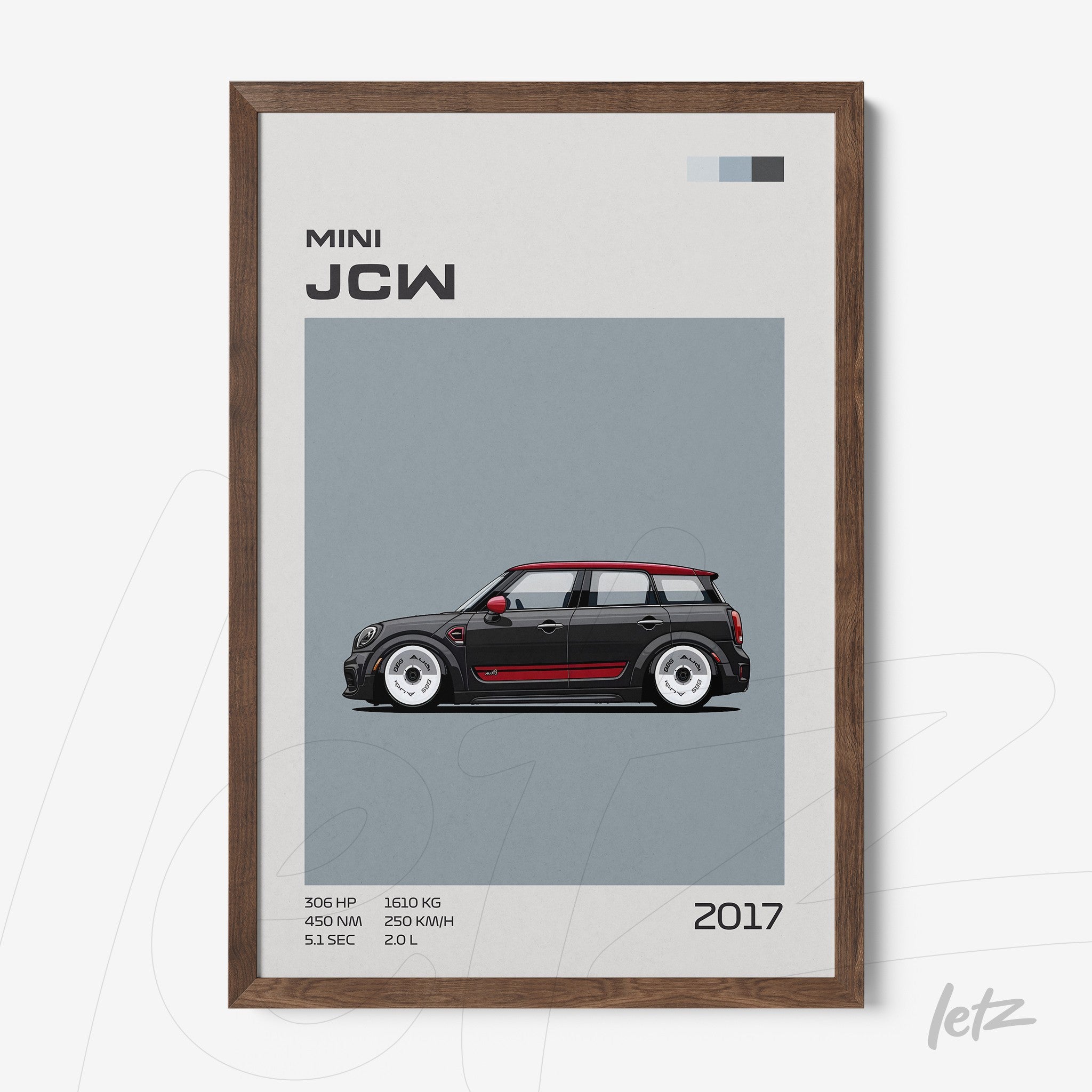 framed artwork featuring a minimalist illustration of the 2017 Mini JCW with a dark wood frame