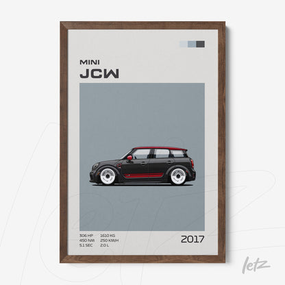 framed artwork featuring a minimalist illustration of the 2017 Mini JCW with a dark wood frame