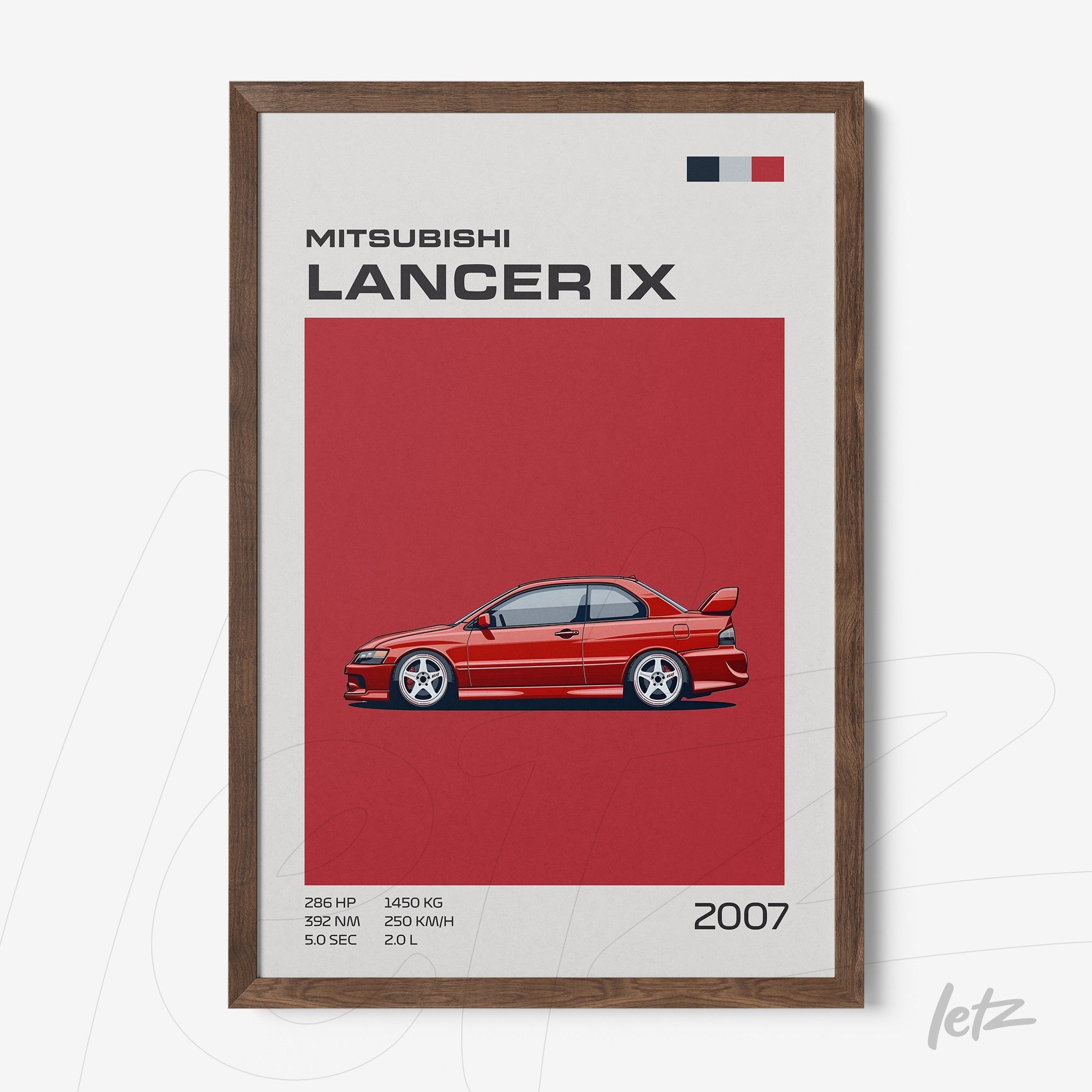 framed wall art featuring a stylized illustration of the 2007 Mitsubishi Lancer IX in dark wood frame